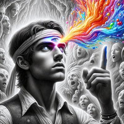 The primary subject of the image is a man with a headband and a blue eye, who appears to be wearing a white shirt. He is surrounded by a crowd of people, some of whom are also wearing headbands. The setting is a colorful, artistic environment, possibly a painting or a digital artwork. The visual style is a combination of illustration and digital art, creating a vibrant and dynamic scene. The colors and mood of the image are lively and energetic, with a focus